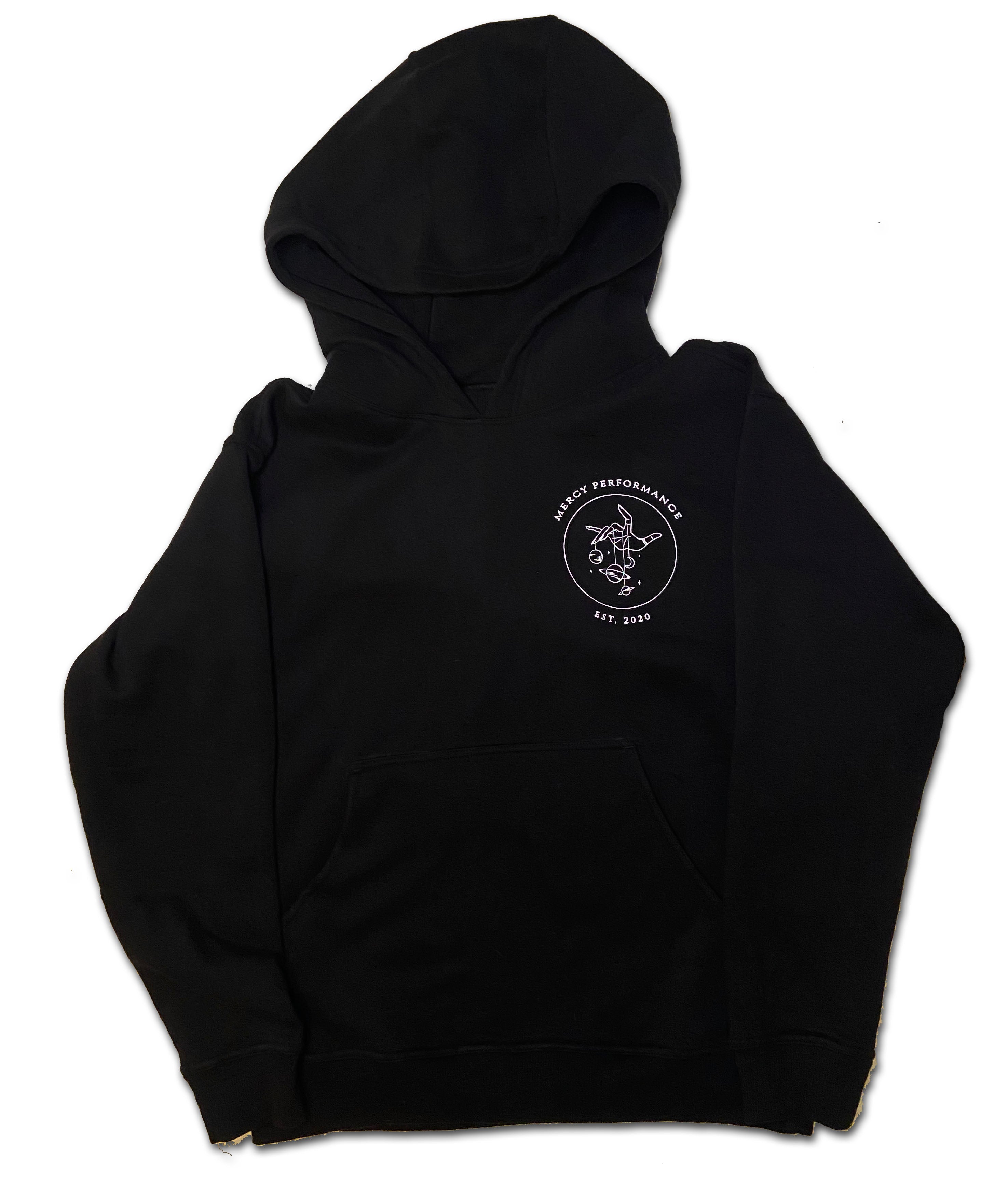 Plain black hoodie with white clearance strings